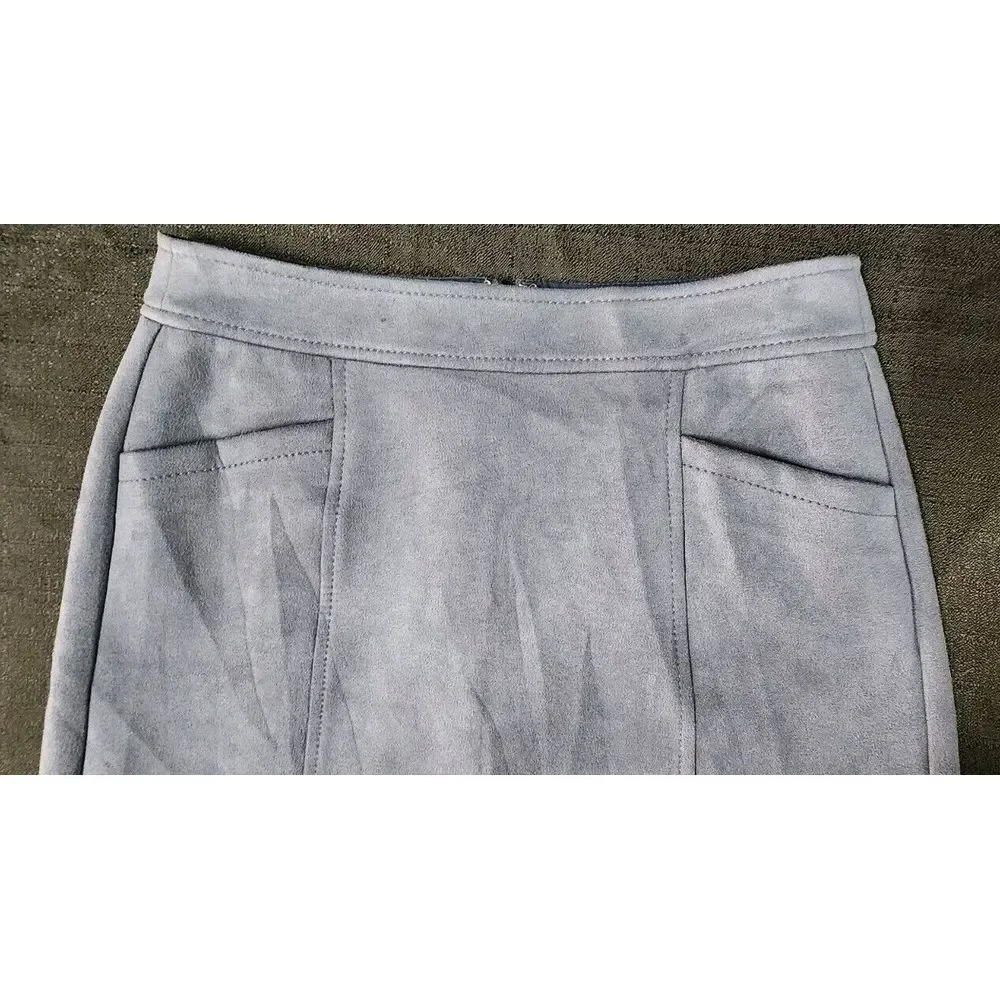 Loft Vegan Suede Navy Blue Gray‎ Skirt Front Pockets Zip Womans Size 0P Petites